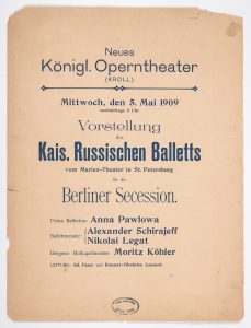 Programmzettel (Cover) der Kroll-Oper für die geschlossene Vorstellung für die Berliner Secession am 5. Mai 1909 als Auftakt des Gastspiels des Kaiserlich Russischen Balletts mit Anna Pawlowa, Deutsches Tanzarchiv Köln